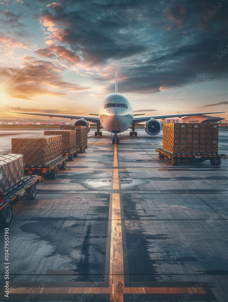 Leinwandbilder A cargo airplane is parked on the runway, surrounded by loading equipment and crates as the sun sets in the background. Generative AI