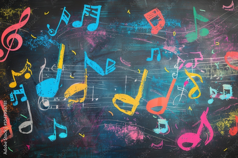 Aufkleber a chalkboard adorned with bright brushstrokes intermingled with various musical notes, reflecting cr