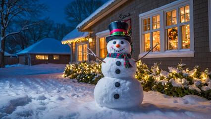 Obraz premium AI-generated images of a Christmas Snowman greeting visitors in front of a charming house with Christmas lights
