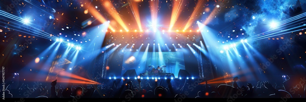 Poster musicians perform on stage under dazzling lights while a lively crowd dances and cheers with excitem