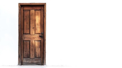 A rustic wooden door against a plain white background, symbolizing entry and transition.