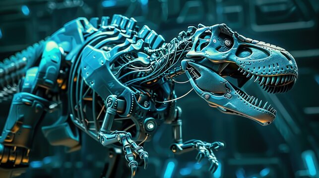 Futuristic mechanical cyber android t-rex robot in blue color cyberpunk vibes with guns on its back