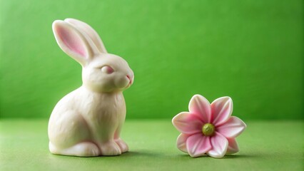Symmetrical white chocolate Easter bunny and pink spring flower on green background