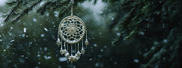 Handmade wiccan amulet hanging on fir tree in winter snowy forest. Imbolc sabbath, Pagan holiday ritual. Magic dream catcher