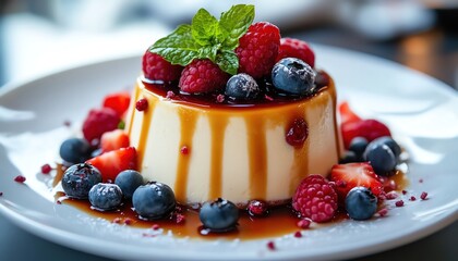 Panna cotta topped with fresh berries and mint, drizzled with caramel sauce