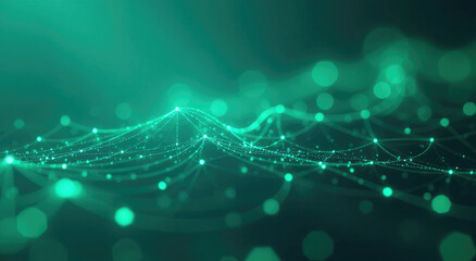 Obraz premium Abstract Digital Web: Flowing Code and Glowing Geometric Shapes in a Teal and Neon Green Network