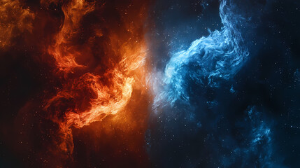Abstract fire and ice swirling in space - cosmic energy battle - blue and orange - digital art - galaxy - nebula - fantasy - surreal - background. Cosmic Battle. Illustration