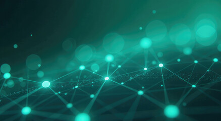 Abstract Digital Web: Flowing Code and Glowing Geometric Shapes in a Teal and Neon Green Network