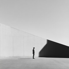 A solitary figure stands before a white wall and a dark shadow