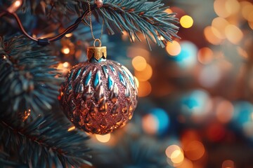 New Year Christmas tree toy, branches of a christmas tree, New Year decorations on a colored background