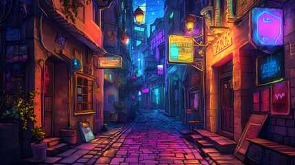 Fototapeta premium Alleyway in a futuristic city at night with neon lights. Neon City Alley. Illustration