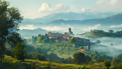Village foggy there is fog on the hills and mountains, with houses surrounded by green grassland. Ai generative