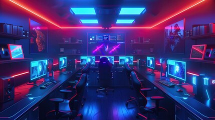 Gamers are deeply engaged in a vibrant modern gaming club, surrounded by advanced consoles and glowing screens in a lively atmosphere. Generative AI