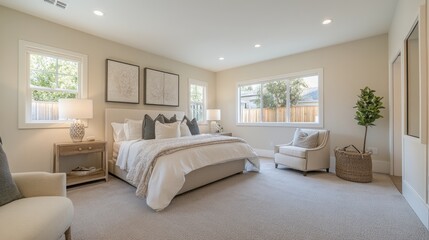 Fototapeta premium Cozy Modern Bedroom with Natural Light and Minimal Decor
