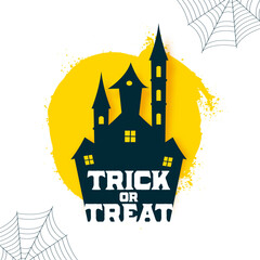 grunge style halloween trick or treat poster with house and spiderweb