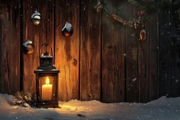 Christmas scene with lantern and hanging ornaments, wood background and snow, the burning candle and the brown planks create a cozy warm mood