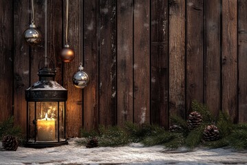 Christmas scene with lantern and hanging ornaments, wood background and snow, the burning candle and the brown planks create a cozy warm mood