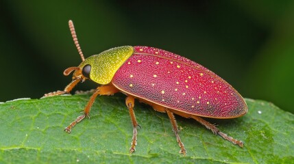 Fototapeta premium Vibrant Red and Yellow Insect on Green Leaf