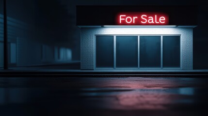 Abandoned storefront with glowing "For Sale" sign at night