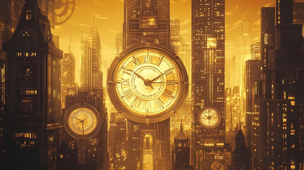 An intricate steampunk cityscape with towering buildings, gears, and large clock faces, bathed in warm, golden light. Steampunk Cityscape. Illustration