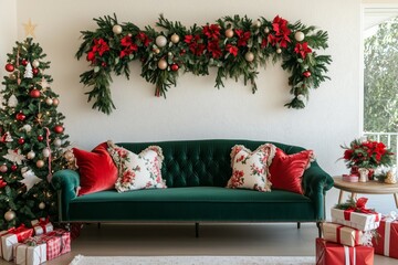 Festive Christmas-themed living room with a dark green velvet couch decorated with Christmas themed pillows