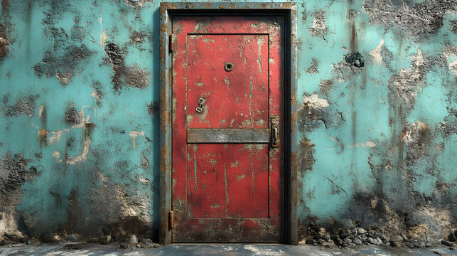 Rusty Red Door on a Weathered Blue Wall 3D Illustration