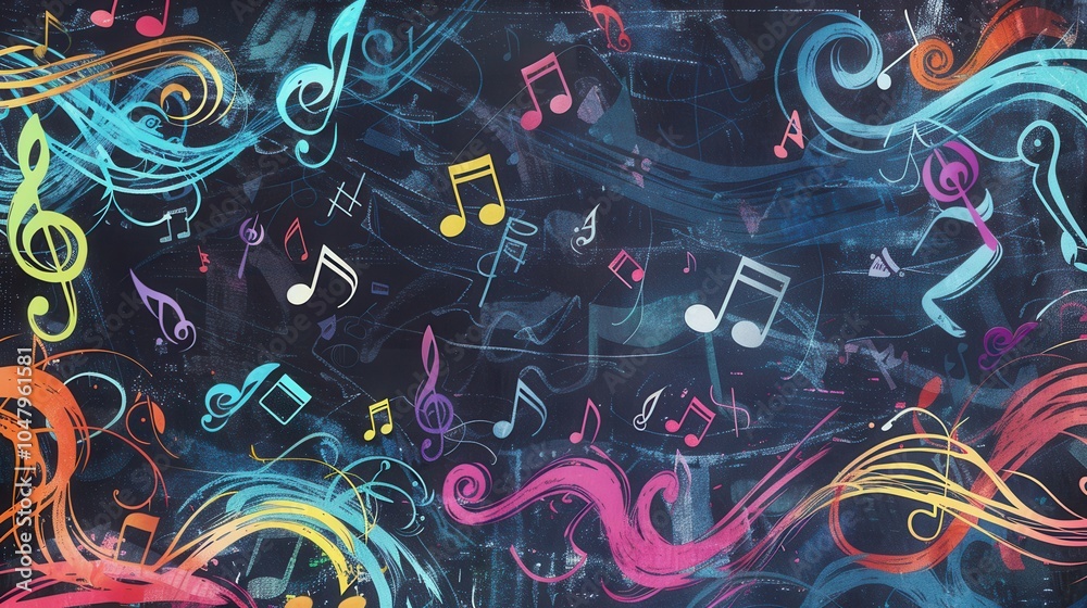 Fototapete the chalkboard displays a lively array of colorful brushstrokes intermingling with musical notes and