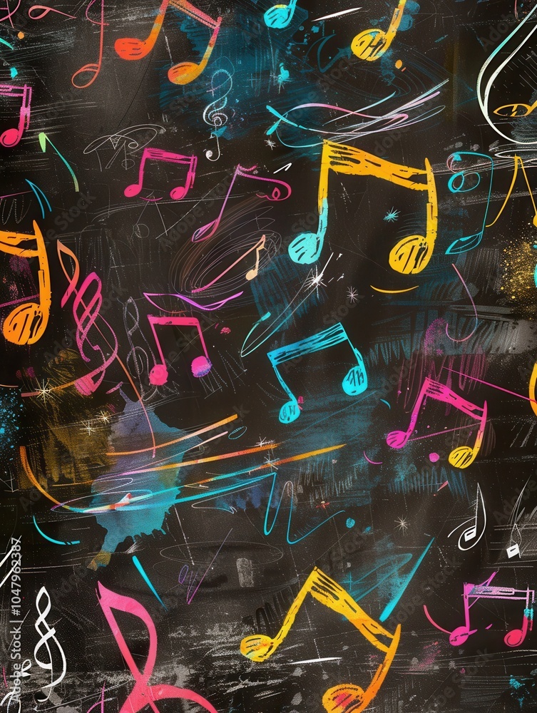 Poster a chalkboard features bright brushstrokes mixed with various musical notes, highlighting creativity 