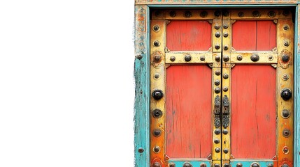 A vibrant, ornate wooden door with decorative metal accents and a rustic finish.