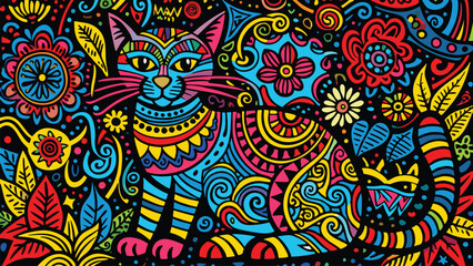 cat illustration in tribal style