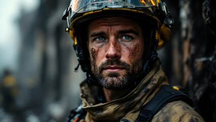 Fototapeta premium Intense Firefighter Portrait in Action