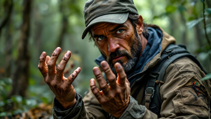 Obraz premium Explorer in Forest with Muddy Hands