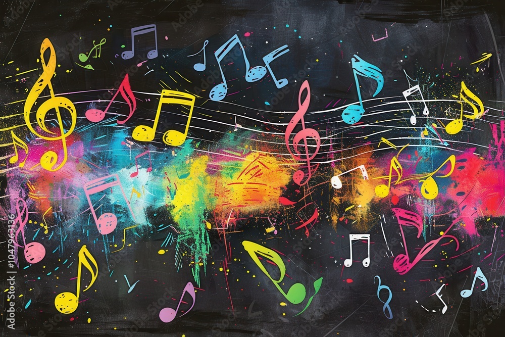 Leinwandbilder A chalkboard displays lively brushstrokes intertwined with musical notes, showcasing creativity and expression in a bright environment. Generative AI