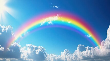 A vibrant rainbow arcs across a bright blue sky filled with fluffy white clouds and sunlight.