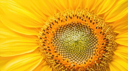 A vibrant close-up of a sunflower's intricate center, showcasing its unique patterns and bright yellow petals.