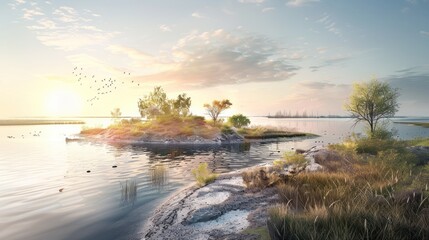 A Small Island in a Serene Lake at Sunset with Birds Flying Overhead