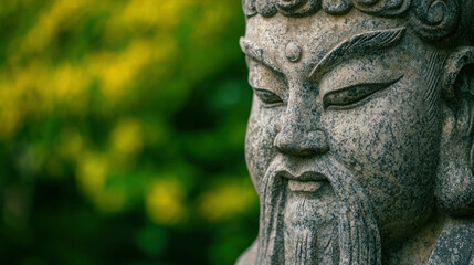 Obraz premium Ancient Stone Statue of Chinese Deity in Lush Garden