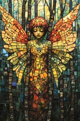 Obraz premium Enchanting mosaic fairy in a forest of colorful stained glass celebrating nature's beauty and mystical creatures