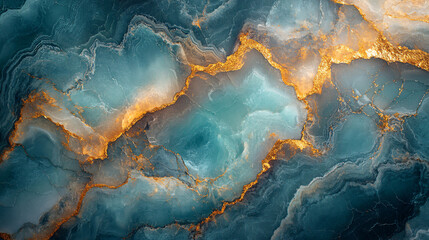 Obraz premium Further exploration of the marble, zooming in on a dramatic contrast between jagged gold highlights and smooth teal surfaces