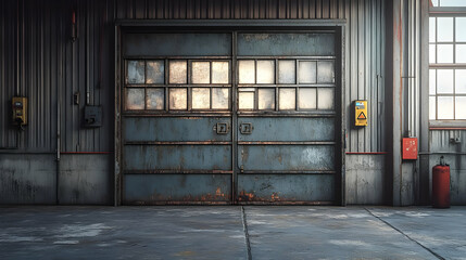 Rusty Garage Door with Glass Panels 3D Illustration