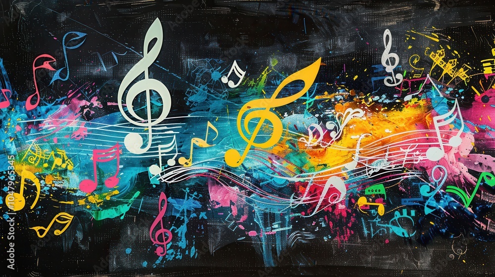 Fototapete The chalkboard features an array of colorful brushstrokes and swirling musical notes, creating an engaging artistic atmosphere for learning. Generative AI