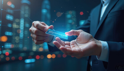 Virtual Currency Transfer: Futuristic Hands with Holographic Payment Device in a Digital Economy Space