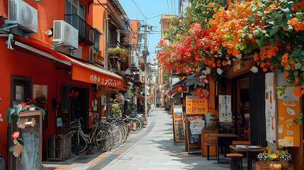 Fototapeta premium Vibrant Alleyway with Orange Flowers and Shops - Illustration