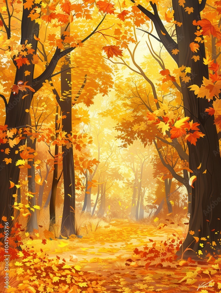 Poster a tranquil forest path is surrounded by trees adorned with bright fall leaves, showcasing the beauty