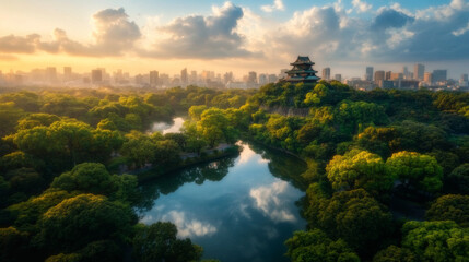 Fototapeta premium A beautiful city with a river and a large building in the background