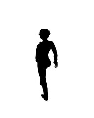 Silhouette of a girl in trousers, shirt and glasses. The girl stands with one leg forward and one hand on her hip. Vector illustration.