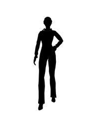 Silhouette of a girl in trousers, shirt and glasses. The girl stands with one leg forward and one hand on her hip. Vector illustration.