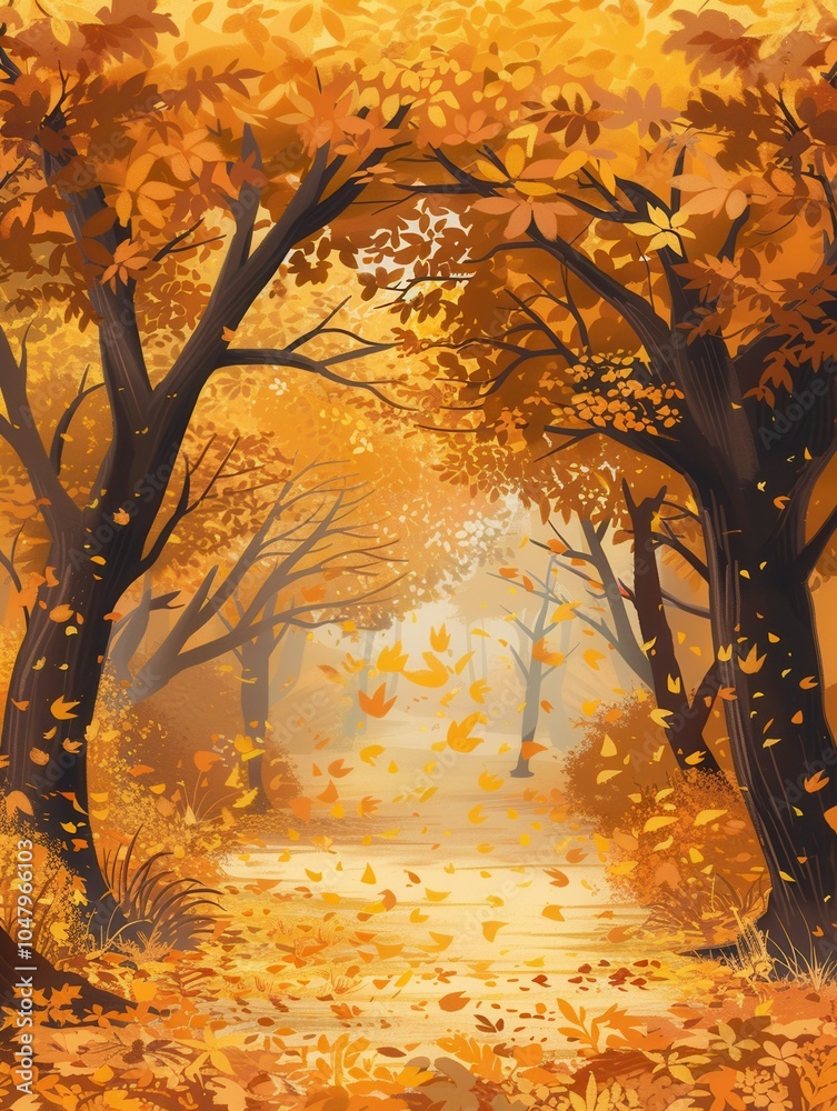 Aufkleber a serene path through a golden autumn forest, with trees dressed in vibrant fall leaves creating a p
