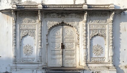 Obraz premium Ornate white architectural facade featuring intricate carvings and double doors.