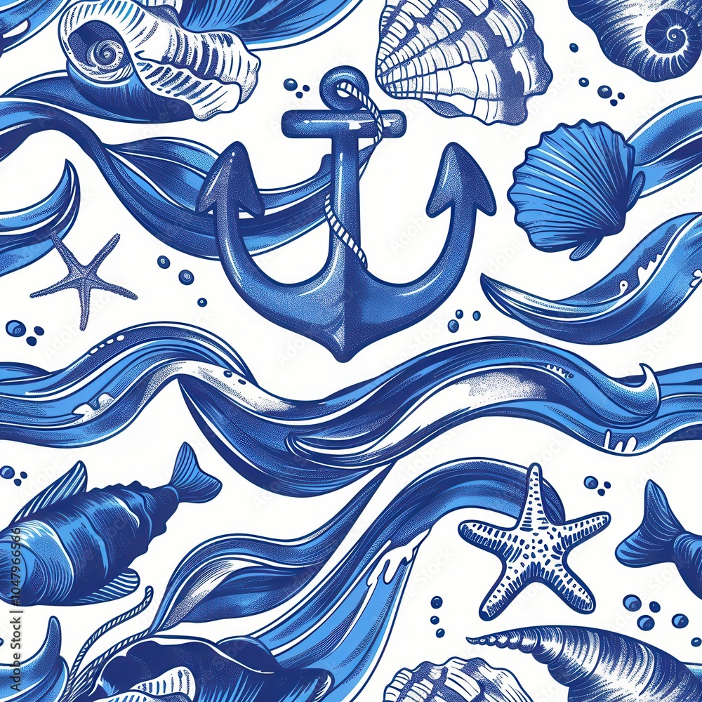 Poster the design showcases a vivid marine theme filled with seashells, fish, waves, and an anchor, creatin